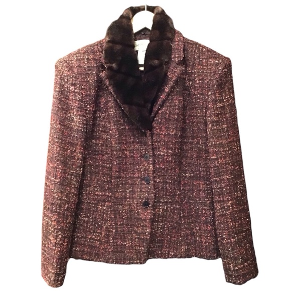 Vintage Jones NY Womens Tweed Wool Blazer Size L Faux Fur Collar Boucle Jacket - Picture 1 of 16